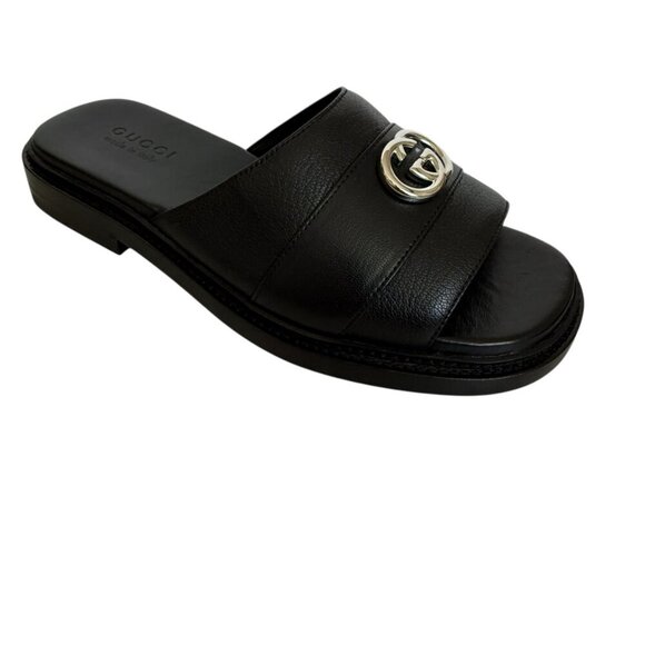 GUCCI 777849 MEN'S BLACK LEATHER INTERLOCKING G SANDALS, Gucci sz 7.5 (US 8) - Picture 9 of 13